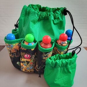 Green and Black Drawstring Bingo Bag with Colorful Bingo Accents and Dobbers
